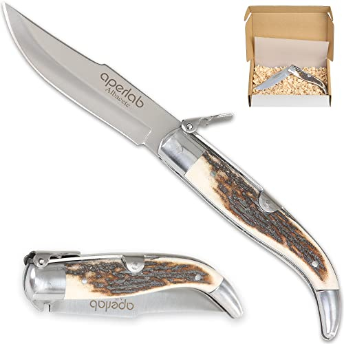 Aperlab, Coltello Albacete, realizzato a mano, realizzato a mano, lama in acciaio inossidabile e cache in corna di cervo autentica, pieghevole e sicuro per non chiudere da solo.