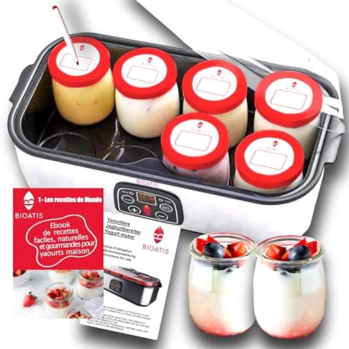 Yaourtière Inox Améliorée Compacte. 84 Recettes et Notice française. Couvercle hermétique avec Etiquette et Marqueur Inclus. 8 pots x 180ml en Verre sans BPA. Ecran LCD. Minuterie et Arrêt Automatique