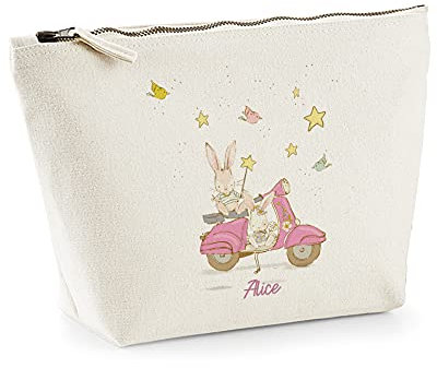 SB35R Trousse personnalisée en coton Bio Scooter et Lapins Rose, marquage prénom, existe en 2 tailles, trousse de toilette, prénom, cadeau anniversaire, cadeau trousse toilette enfant