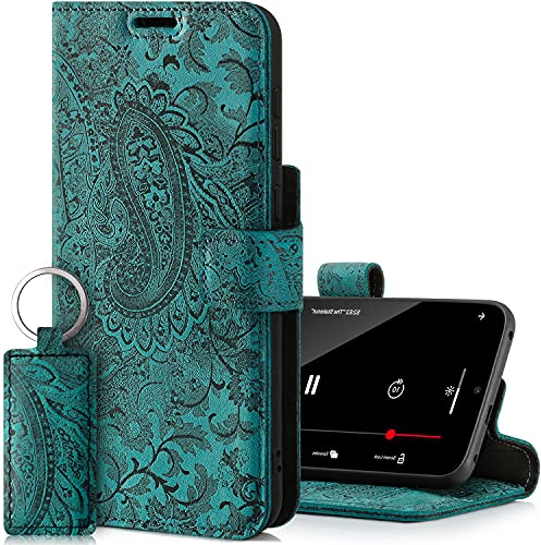 SURAZO Prestige Handyhülle für Apple iPhone 13 – Premium Echtleder Hülle Schutzhülle mit [Standfunktion, Kartenfach, RFID Schutz, Blumenmuster] Klapphülle Wallet case Handmade in Europe (Türkis)