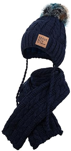 AJS Strickmütze Wintermütze Schal Junge Winterset Bommel Bindemütze