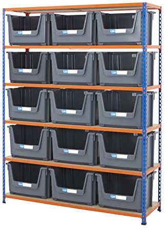 BiGDUG Stacking Storage Bins Shelving Kit - 10x 50L Grey Plastic Pick Bins - 198h x 122w x 45.5d cm Blue & Orange Shelving Unit - Up to 200kg UDL Per Shelf - Open Front for Easy Picking