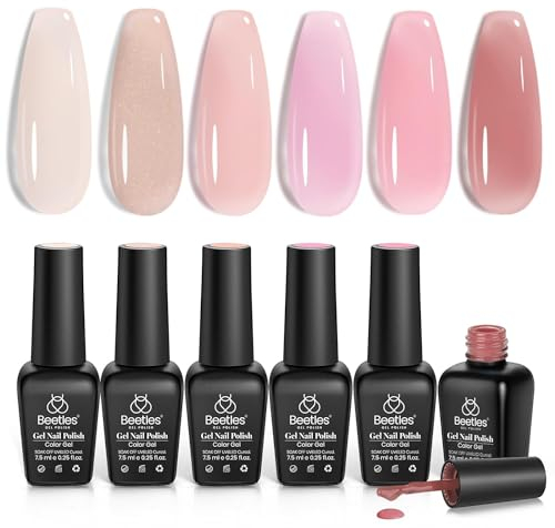 Beetles Jelly Gel Nail Polish Set, 6 Colours Aesthetic Nude Shimmer Giltter Nails Sheer Pink Gel Polish Kit Translucent Soak off Uv DIY Manicure Gifts for Women Girls