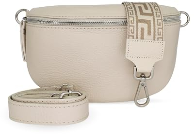 Bella Blossom Bauchtasche Damen, Umhängetasche aus 100% Echtleder, Elegante Crossbody-Bag mit gemusterten & verstellbaren Schultergurt, Schultertasche für jeden Anlass Beige4 M