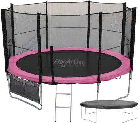 PlayActive 6ft / 8ft / 10ft / 12ft / 14ft / 16ft Kids Trampoline with Safety Enclosure Net, Ladder, Weatherproof Cover, Shoe Bag Included (Pink, 10ft)
