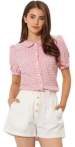 Allegra K Women's Plaid Blouse Puff Short Sleeve Gingham Peter Pan Collar Button Down Shirt Pink XL