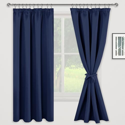 JIUZHEN Gardinen mit kräuselband Verdunklungsvorhänge Vorhang Blickdicht Gardinen Wohnzimmer Vorhänge Schlafzimmer Thermovorhang Dunkelblau, H175 x B140 cm,2er Set