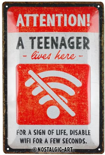 Nostalgic-Art Letrero de estaño retro, 7.9 x 11.8 pulgadas, WiFi para adolescentes, señal de advertencia como idea de regalo, hecho de metal, diseño vintage para decoración de pared