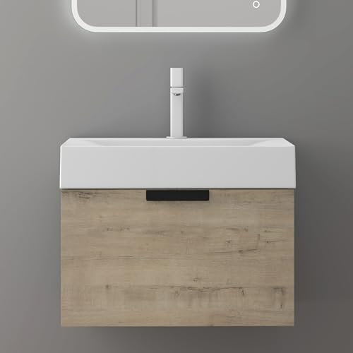 doporro Badmöbelset Waschtisch mit Unterschrank 60x45x48cm Unterschrank mit Mineralguss-Waschbecken Waschplatz in Eiche Greige mit Soft-Close-Funktion Lonato
