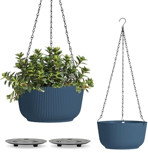 T4U Φ20cm Blumentopf Hängend Plastik 2er Set, Hängetopf für Pflanzen mit Ketten, Blumenampel mit Wasserspeicher zum Garten Balkon Wohnzimmer Hängetopf für Pflanzen Innen für Hängeampel Blau