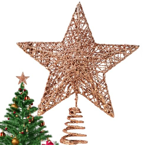 Bluelves Puntale Stella per Albero di Natale Oro Rosa,Decoration Christmas Tree Topper Glitterata Star,Christmas Tree LED Stella per Albero Top Star Puntale Oro Rosa per Natale Festival Party(20*25CM)
