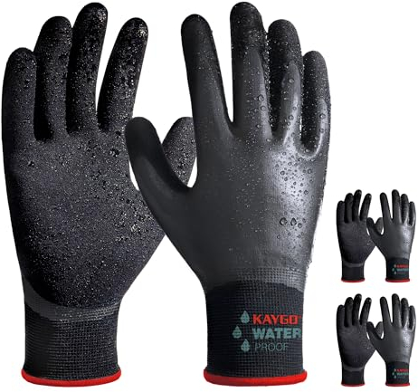 KAYGO Wasserdichte Arbeitshandschuhe für Herren und Damen mit Doppel Latex Beschichtung, Rutschfester Gut Grip für Garten Auto Waschen Fisch Reinigung (Schwarz, S, Gr 7, 3 Paar)
