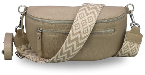 BRISE Bauchtasche Damen Echtes Leder Lucia Handgemachte Umhängetasche Crossbody Bag mit Ledergurt + Optionalen Breiten Gemusterten Riemen 3 Fächer Stylische Hüfttasche Made in Italy (Taupe - 2)