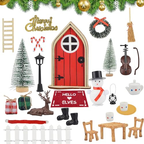 OdiuK 29PCS Wichteltür Zubehör Weihnachten Set, Mini Weihnachtswichtel Tür Zubehör Weihnachtsdeko Elfentür, Holz Wichtelhaus mit Gartenmöbel Wichtel Tür Deko für DIY Kinder Geschenke