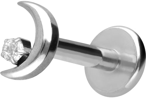 PIERCINGLINE Titan Labret mit Innengewinde + Titan Aufsatz MOND + KRISTALL Piercing Ohr Helix Tragus Nase 1,6 x 7 mm silberfarben