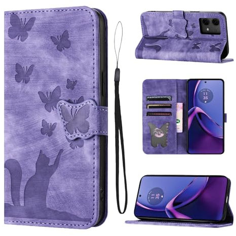LSPCASA Housse Protection pour Motorola Moto G84 5G Matériau en Cuir PU Coque Moto G84 avec Fentes pour Cartes Étui Motif Papillon Chat Coque Motorola G84 Violet