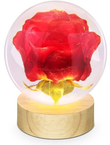 TUZELIYA Glaskugel Rosen mit Led,7cm Kristallkugel Nachtlicht mit USB Holzsockel,ewige rose im glas, Geschenkideen für Mann Frau Freund Familie