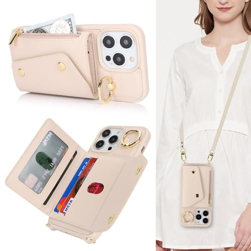 Lipvina Coque pour iPhone 15 Pro avec Cordon Porte Carte Coque iPhone 15 Pro zippé Portefeuille Femme Telephone Portable Réglable Collier Housse Étui avec Anneau pour Femmes - Blanc