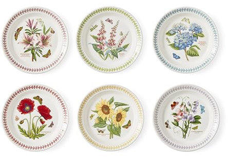 Portmerion Botanic Garden Meadow - 8 Round Salad Plate (Set of 6) | Assorted Florals with Colorful Laurel Leaf Border| Earthenware | Microwave & Dishwasher Safe | Home & Restaurant for Daily Use