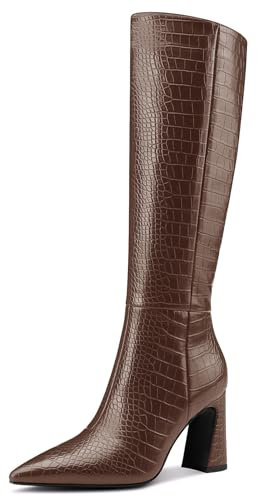 Castamere Donna Medio Chunky Blocco Tacco Heel Chiusa a Punta Altezza Ginocchio Stivali Cerniera Casual Dress Metà polpaccio Stivali 8.5 CM Heels Marrone Scuro 41 EU