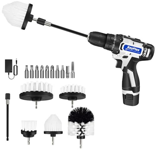 Cordless Drill Brush Battery Power Scrubber Cleaning Brush Set Drill Scrub Brush Kit for Tile, Bathroom Toilet, 1 x 1.5Ah Battery, 5 Pcs Dril Brushes, 10 PCS Drill Bits, Extended Rod