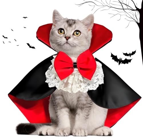 Halloween Katzenkostüm,Vampir Umhang, Vampir Kostüm Hund, Katze Halloween kostüm| kostüme für Katzen, Haustier Kostüm mit Seildesign, Katzenkostüm für Party, Fotoshooting & Karneval (Schwarz Rot)