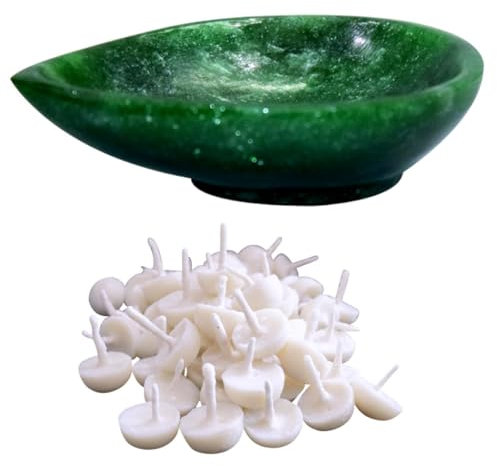 KULIA® Öllampe mit 10 Stück Ghee-Dochten indische Diya-Göttin religiöse Pooja-Artikel handgeschnitzter grüner Jade-Naturstein Aarti Diya Diwali Deepam Hindu-Heimtempel Festival-Dekoration