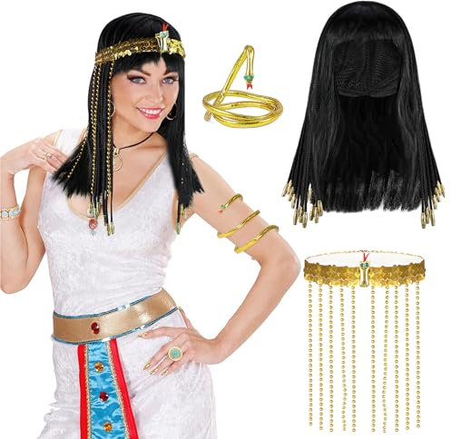 HIFOT 3 Stück Ägyptisches Kostüm Zubehör Damen Perücke Ägyptische Königin Kobra Kopfbedeckung Armreif Gold Medusa Schlangen Kopfschmuck Kleopatra Kostüm Schmuck Medusa Cleopatra Accessoire Halloween