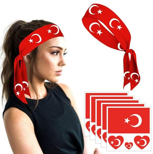 1 Stück Türkisches Elastisches Stirnband Und 5 Gesichtsaufkleber, Sport-Stirnbänder, Dekorative Stirnbänder, Fans-Zubehör, Flaggen-Tattoo-Aufkleber, Wasserfeste Tattoo-Aufkleber