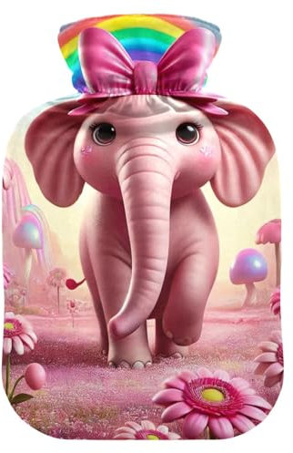 Cute Pink Elephant Rainbow Hot Water Bottles with Velvet Cover Hot Water Bag for Menstrual Cramps, 1L