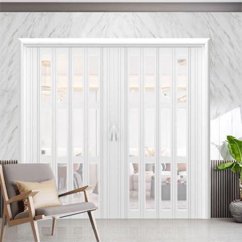 Pvc Folding Door Plastic Interior Accordion Partition Tall 203 CM, Single Double Interior Closet Doors White Bifold Barn Door with Acrylic Panels & Lock Handle, 50 100 120 150 180 200 CM Wide(75x80 in