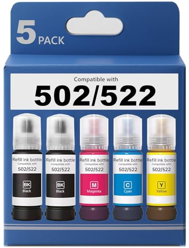 uMolynX T502 522 Dye Ink Refill Bottles Replacement for Epson ET2760 ET4760 ET2750 ET3760 ET2850 ET15000 ST4000 ST2000 ET3710 ET3850 ET3750 ET4850 ET830 ET4750 ET2700 ST3000 3700 Black C M Y 4 Pack
