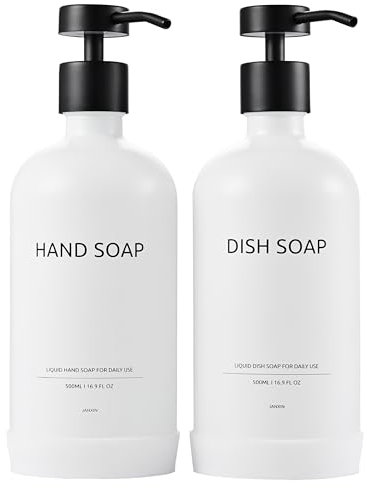Janxin 2 Stück Seifenspender Weiss Glas, Weiß Pumpspender, 500 ml Soap Dispenser Glass, Shampoo Flaschen Zum Befüllen Glas, Non-Slip Silicone Protective Underlay(Mitesser aus der weißen Flasche)