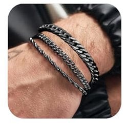 JEMARA 3 Pcs Mens Bracelets,Sturdy Curb Width Rope Cuban Chain Bracelet Set Adjustable Stack Black Chain Bracelet for Men Jewelry Bracelet Homme 18+3cm