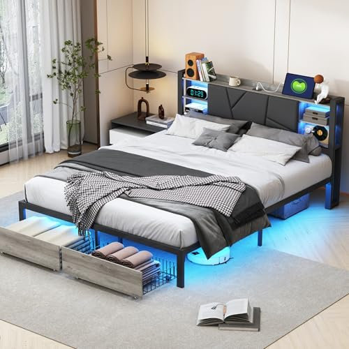 Doppelbett, Metallbett Doppelbett, Plattform-Bettgestell aus Metall, Stauraum-Kopfteil Bett mit Aufladen USB, Stauraumbetten Funktionsbett mit 2 Schubladen, LED Beleuchtung, Schwarz (160x200cm)