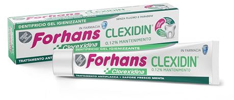 Forhans Clorexidina, Dentifricio Clexidin 0,12%, Dentifricio Gel Igienizzante con Azione Antibatterica e Antiplacca, Senza Fluoro, Gusto Fresco Menta, 75ml