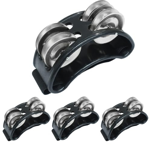 Jiozermi Lot de 4 tambourins à percussion, instrument à pied noir avec grelot en métal, instrument de rythme pour adultes