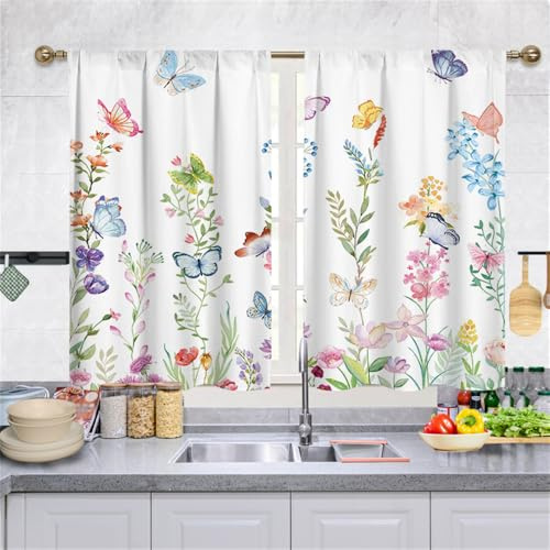 Highdi 2 Stück Kurzgardine Wohnzimmer Küchen, Stangentasche Kurzer Scheibengardinen für Kleine Fenster,Landhausstil Bistrogardine Küche Kurzgardinen (Bunte Schmetterlinge,70 * 100cm)