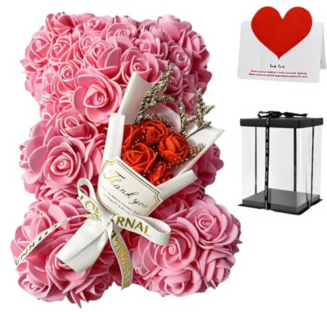 GDJIAYIYI Rosen-Teddybär mit Geschenkbox, rosa Rosen-Blumenbär Valentinstagsgeschenke für sie, künstlicher Rosenbär Blumenbär, Rosenbär Blume, Muttertags-Geburtstagsgeschenk für Damen, Freundinnen