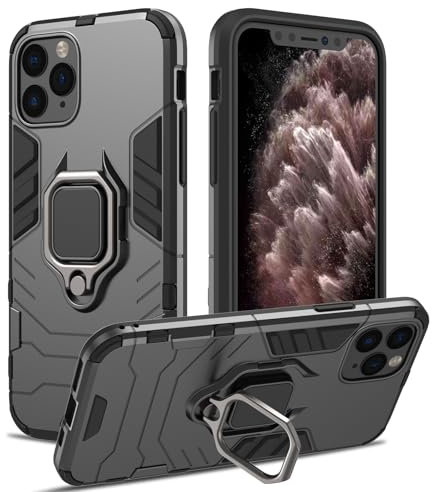 Case for iPhone 11 Pro, Shockproof Cover with 360° Metal Ring Stand, Anti-Scratch Hard Protective Case, Full Body Bumper Case with Camera Protection (Black)