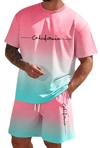 Rrongwn Survêtement d'été Los Angeles 2 pièces pour homme - Dégradé de couleurs - T-shirt et short Y2K - Ensemble 2 pièces - Hip Hop Streetwear - Tenue d'été quotidienne, Rose, M