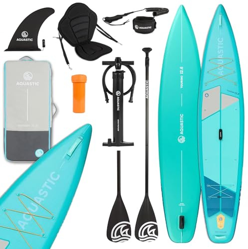 AQUASTIC Touring 12'6 SUP Board Set – Komplettset: 2X 2in1 Paddel, 2 Kajaksitze, Leash, Pumpe, Rucksack, Drop Stitch Lite+, 381x76 cm, 165 kg, Touring, leicht & robust, für Lange Touren