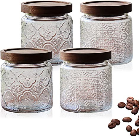 BigKing Lot de 4 bocaux en verre vintage, récipient transparent pour aliments, bocaux en verre pour stockage pour café, thé, sucre, épices, farine, haricots, fruits secs, biscuits (450 ml)