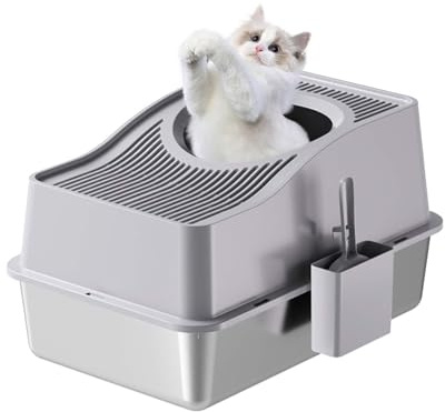 Aptliton Stainless Steel Cat Litter Box Enclosed, Extra Large Cat Litter Tray with Lid/Scoop, Stainless Steel15 Deep Covered Toilet for Kitten, Odour-Resistant, Easy to Clean(Grey)