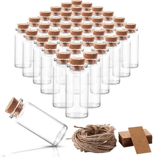 FWEEK 110 Stück Glasfläschchen mit Korken, 10 ml für DIY und Hochzeitsdeko | Mit Kraftpapier-Hängeetiketten und Juteschnur zum Beschriften, Dekorieren und Verschenken