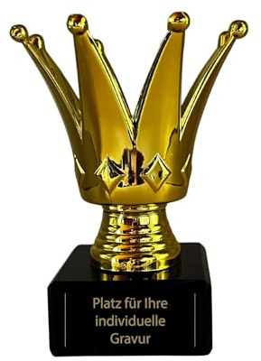 Poker Pokal 13 cm - Goldene Krone Trophäe auf Marmorsockel mit Gravur | Siegerfigur für Turniere und Kindergeburtstage, 10 cm breit & 360 g schwer, fertig montiertes Kunststoff-Ehrenzeichen