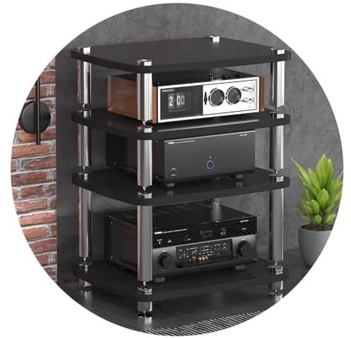 HiFi-Audio-Schrankständer mit 4 Ebenen, modernes schwarzes MDF-Plattenspieler-Regal mit stoßdämpfenden Füßen und Verstärker-Regal, 60 x 48 x 76 cm, perfekte Audio-Möbel für Heimkino