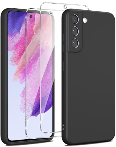 Olgary Silikon Hülle für Samsung Galaxy S21 FE 5G Hülle, 1 Handyhülle mit 2 Stück Panzer Schutz Glas, Weiche TPU Slim Case, Militärischer Schutz Kratzfest Stoßfest Schutzhülle Cover, Schwarz