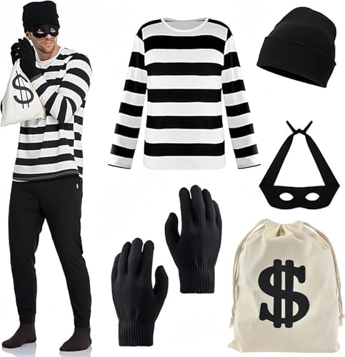 YeahBoom Bankräuber Kostüm Herren Damen,Dieb Kostüm,Erwachsene Räuber Kleidung Set mit T-Shirt Hut Augenmaske Handschuhen Geldbeutel,für Karneval Halloween Cosplay
