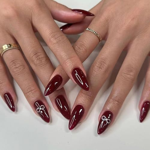 Long Press-On Nails for Women, Deep Wine Red Almond Stiletto, 24-Piece | Glossy Plain And Silver-Coloured Bow-Decorated Tips, For At-Home Manicures, Weddings, Evening Events And Formal Outfits